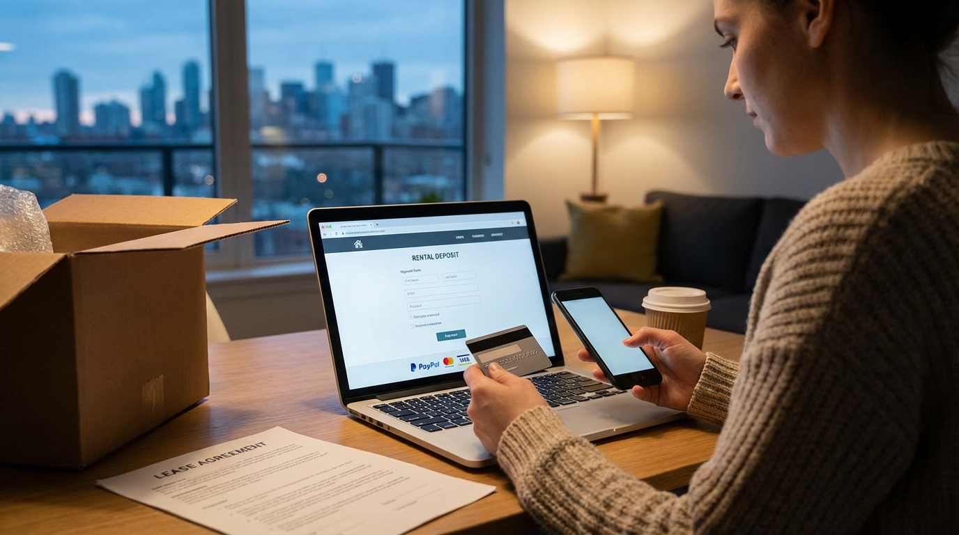 Mietkaution online bezahlen mit PayPal oder Kreditkarte am Laptop