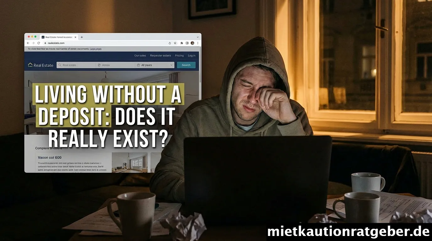 Ein junger Mieter prüft skeptisch einen Mietvertrag ohne Kaution am Laptop.