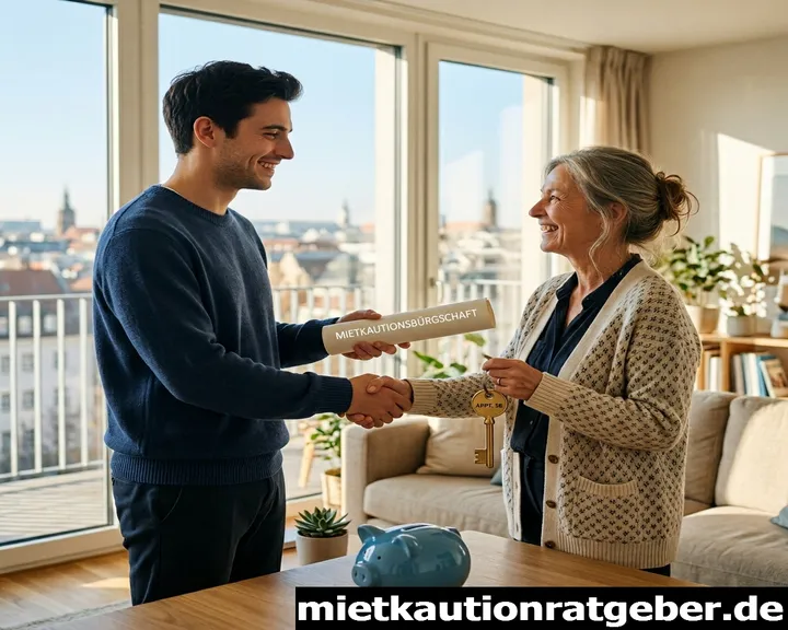 Dokumentenübergabe der R+V Mietkautionsbürgschaft zwischen Mieter und Vermieter in einer modernen Wohnung