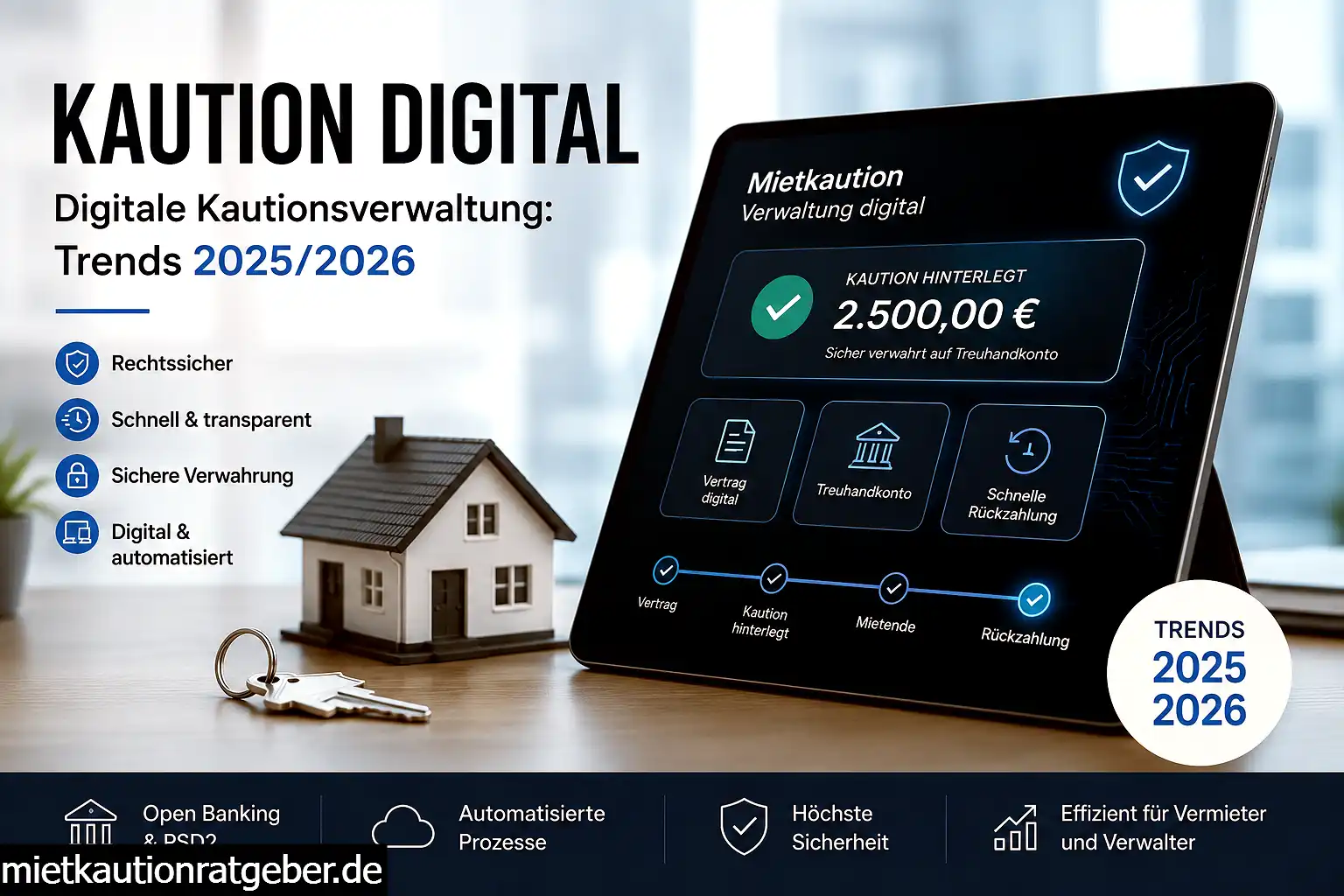 Kaution digital: Moderne digitale Kautionsverwaltung mit sicherem Treuhandkonto, Tablet-App und automatisierten Prozessen für Vermieter und Mieter im Jahr 2025/2026.