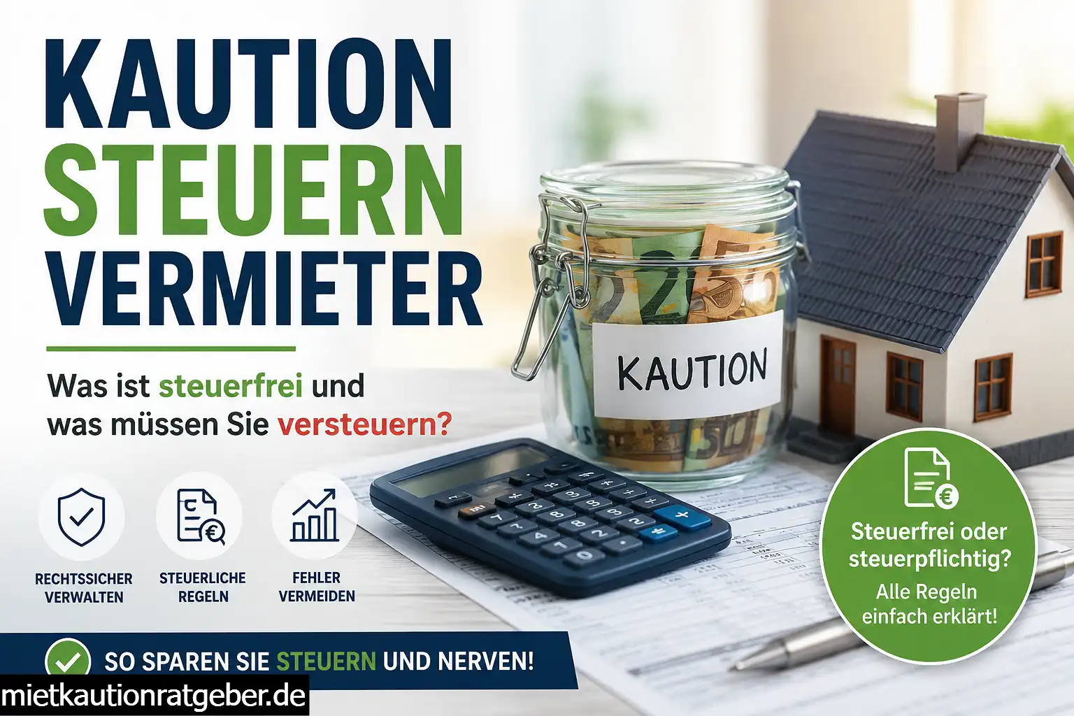Kaution steuern für Vermieter: Mietkaution, Steuern und Hausmodell als Symbol für die steuerliche Behandlung der Mietkaution.