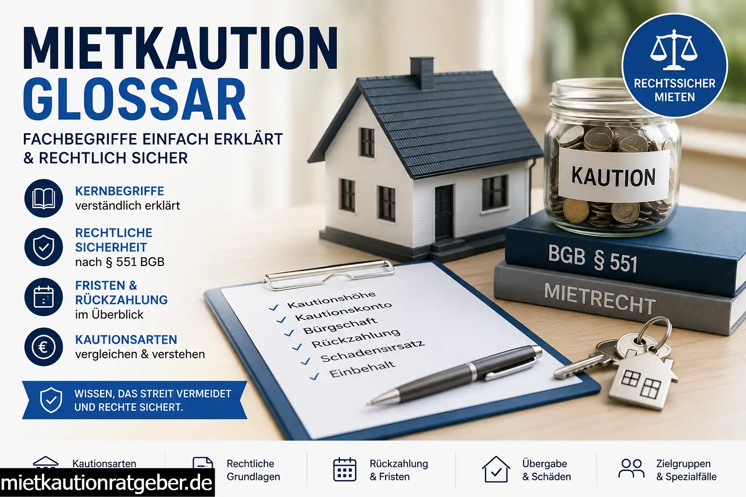 Glossar-Übersicht zu Mietkaution-Fachbegriffen wie Barkaution, Bürgschaft und Kautionskonto