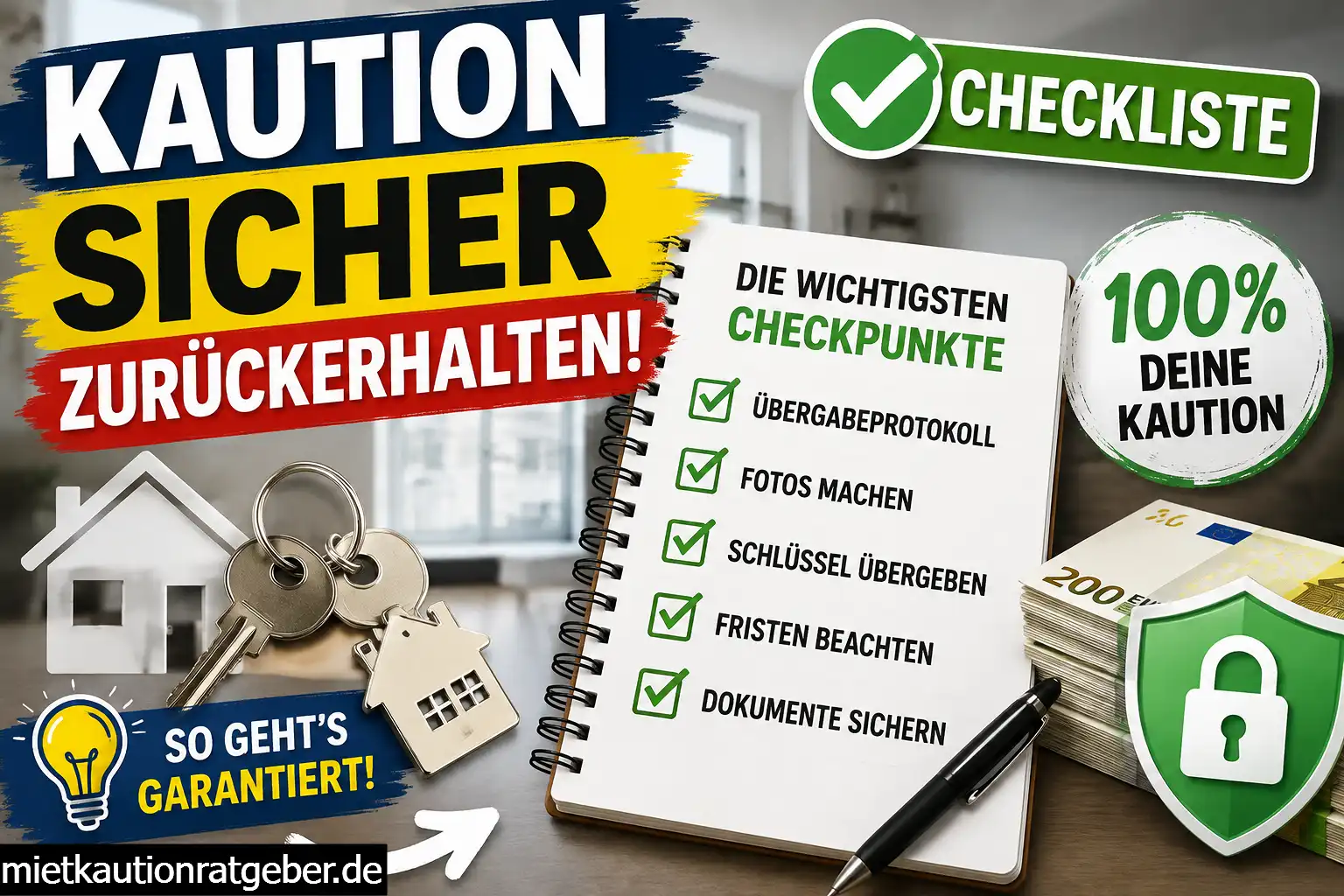 Illustration einer Checkliste für die sichere Rückzahlung der Mietkaution mit Wohnungsübergabe, Schlüsseln, Dokumenten und wichtigen Prüfpunkten.