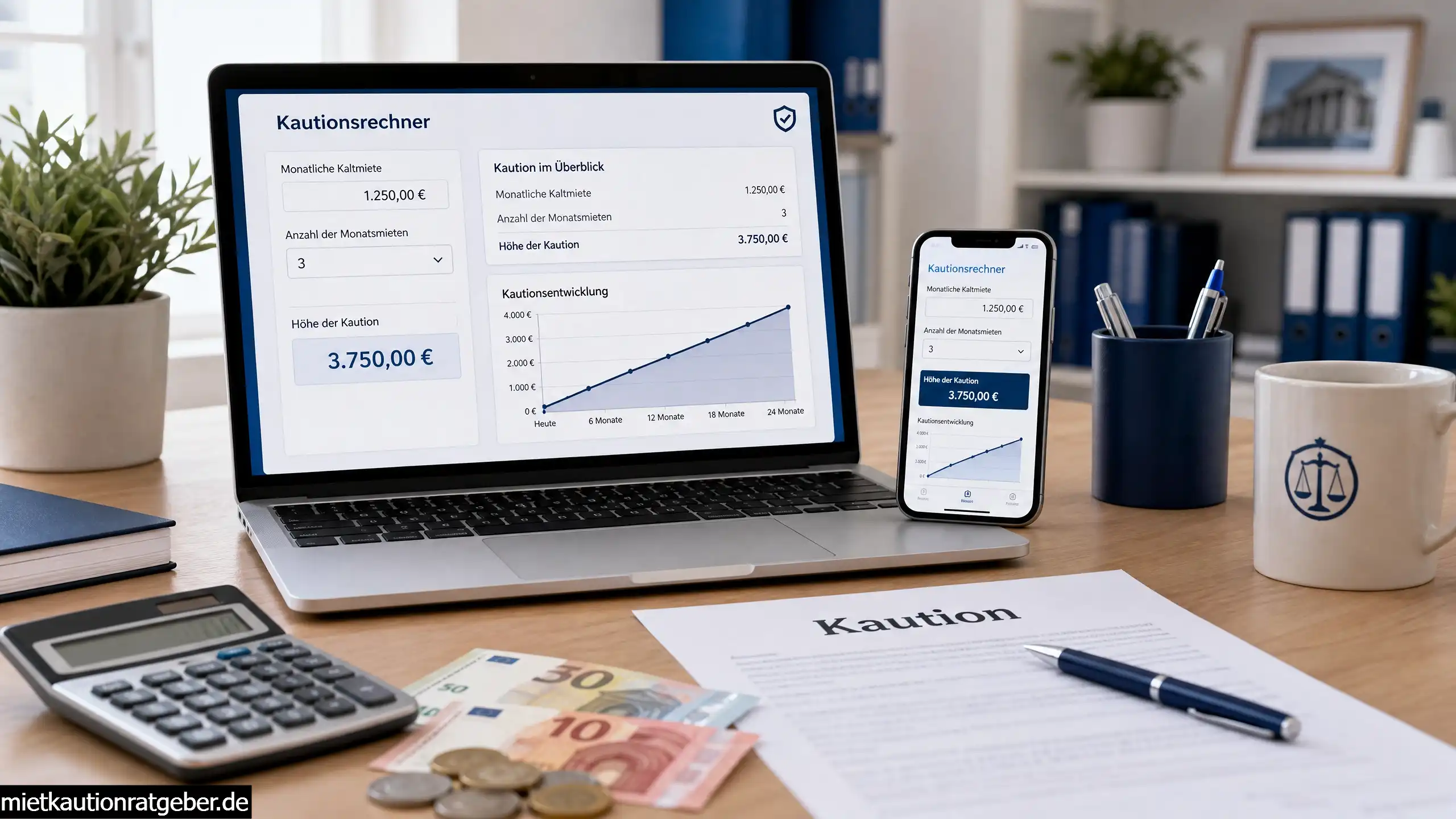 Mietkaution Rechner und Kaution Tool online – Laptop und Smartphone mit Kautionsrechner auf Schreibtisch