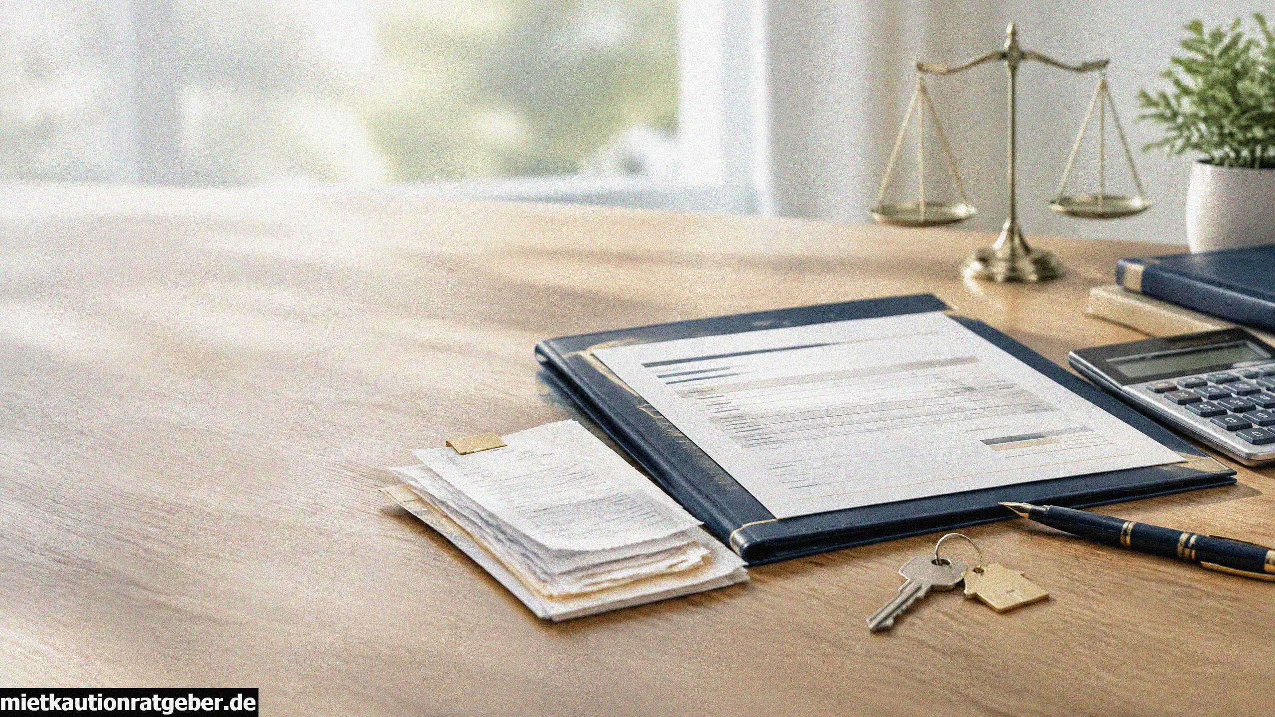 Kautionsabrechnung mit Mietunterlagen, Belegen, Wohnungsschlüsseln, Taschenrechner und Justizwaage