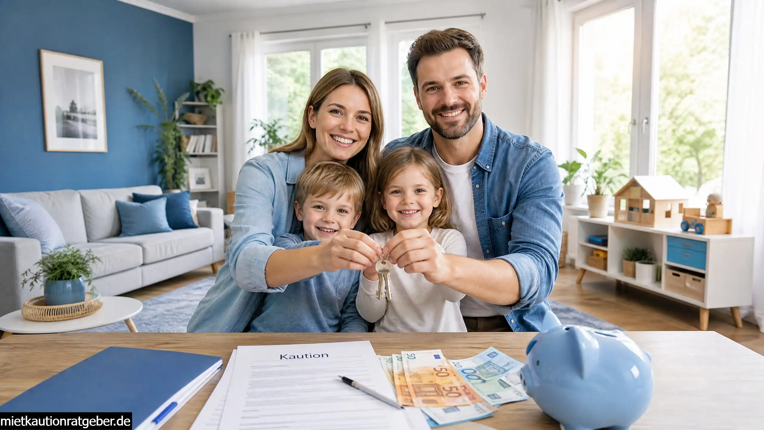 Glückliche deutsche Familie mit Wohnungsschlüsseln und Kaution – Mietkaution bei Familien mit großer Wohnung finanzieren