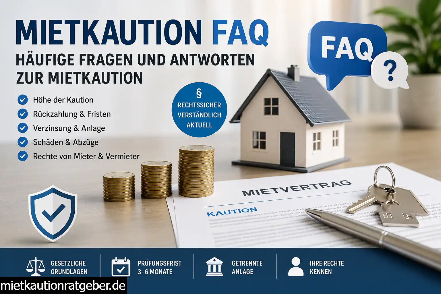 Infografik zur Mietkaution mit Hausmodell, Mietvertrag, Schlüsseln und den wichtigsten Fragen und Antworten zu Rückzahlung, Kautionshöhe und gesetzlichen Regelungen in Deutschland.