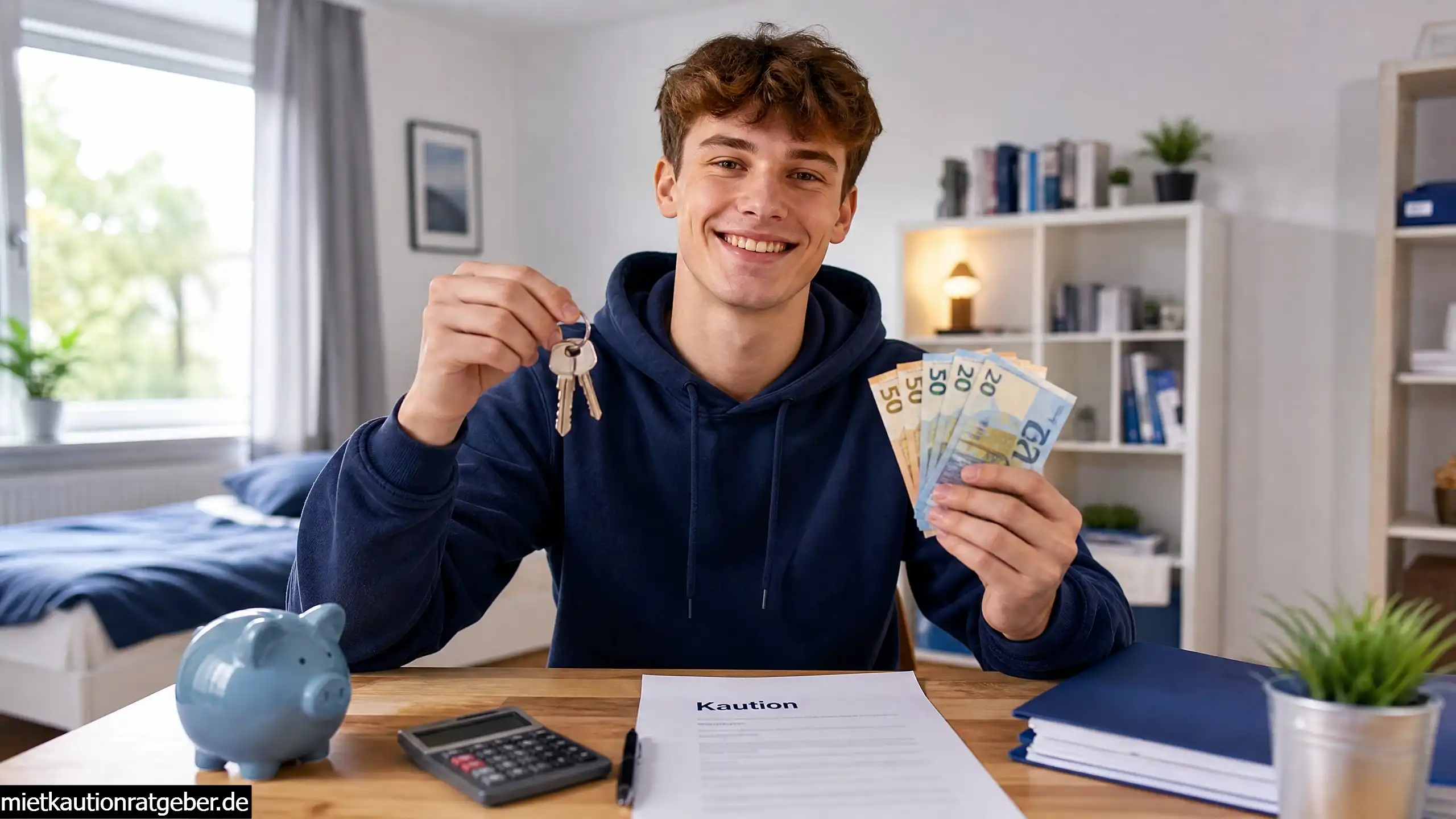 Junger Student mit Wohnungsschlüsseln und Geld – Mietkaution Tipps für Studenten und Azubis