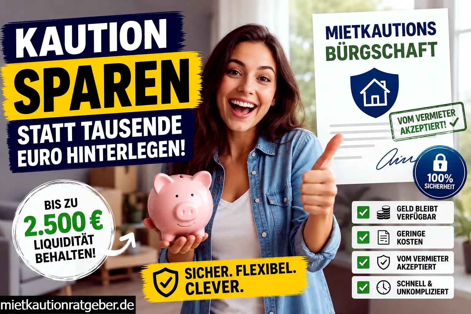 Frau mit Sparschwein erklärt die Vorteile einer Mietkautionsbürgschaft gegenüber der Barkaution.