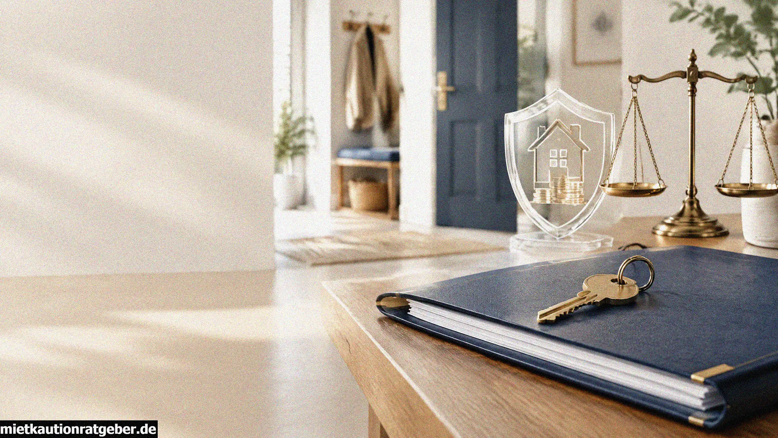 Mietkaution in einem Glas mit Wohnungsschlüssel, Mietvertrag und Waage im Hintergrund