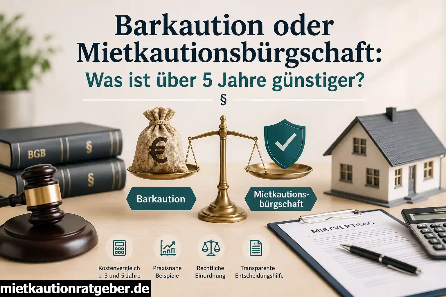 Barkaution oder Mietkautionsbürgschaft im Kostenvergleich über fünf Jahre mit Waage, Euro-Symbol und rechtlichen Unterlagen
